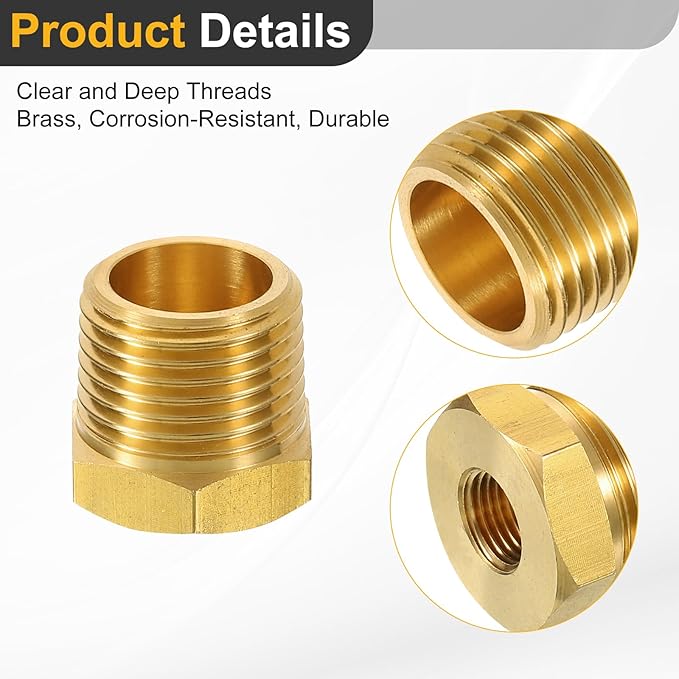 uxcell 2Pcs 1/2 BSPT Male x 1/8 NPT Female Brass Reducer Hex Bushing Threaded Pipe Fitting, Brass Threaded Pipe Fitting Adapter for Water, Gas, Oil Pipeline Systems