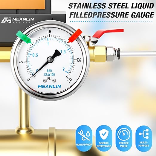 MEANLIN MEASURE 0~30Psi Liquid Filled Pressure Gauge 1/4" NPT 2.5" FACE DIAL Stainless Steel Glycerin Filled WOG Water Oil Air Back Mount (with 2PCS Snaps)