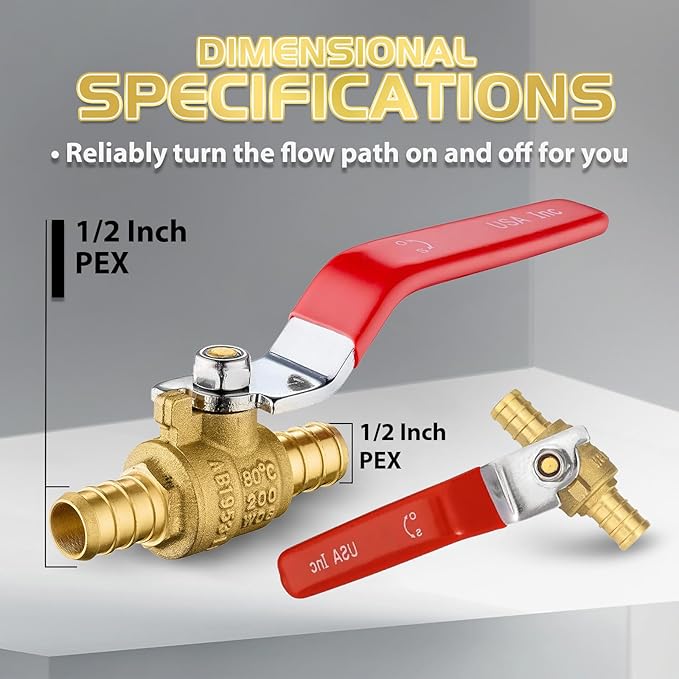 40-Pack Foskan 1/2 Inch PEX Crimp Full Port Ball Valve with Red Handle, Brass Quarter Turn Shut-off Valve for PEX Tubing