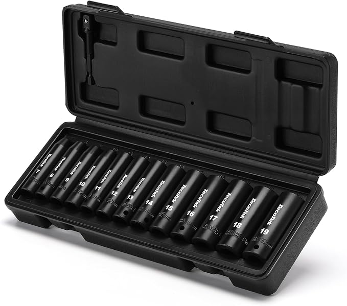 14 Pieces 3/8-Inch Drive Impact Socket Set, 12-Point, Metric, Deep, CR-V, 7mm to 19mm, Drill Socket Adapter 3/8"