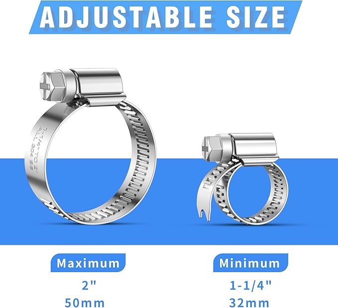 24PCS Heavy Duty Hose Clamps Stainless Steel 304,1-1/4" Hose Clamp to 2" Hose Clamp (32-50mm) Adjustable Worm Gear Drive Radiator Hose Clamps,Pipe Clamp for Automotive, Mechanical and Industry