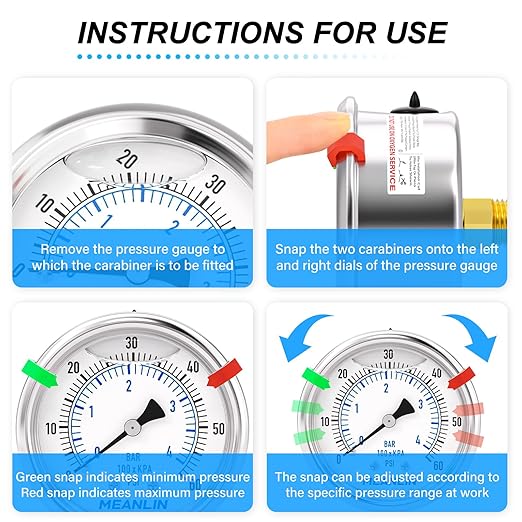 MEANLIN MEASURE 0~60Psi Liquid Filled Pressure Gauge Stainless Steel 1/4"NPT 2"FACE DIAL for Pool Filter Pump Oil Air Compressor Tire Pressure Tester Center Back Mount, with Hex Bushing and 2PCS Snaps
