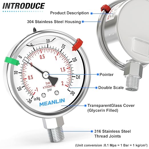 MEANLIN MEASURE -30inHG~30Psi Vacuum Pressure Gauge 316 Stainless Steel Joint 1/4"NPT 2.5"FACE DIAL, Liquid Filled Pressure Gauge WOG Water Oil Air Lower Mount with Stainless Steel Hex Bushing, Snaps