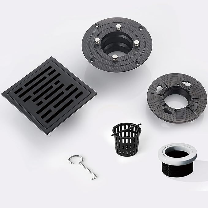 6 Inch Square Shower Floor Drain, Shower Drain Kit with Flange, Square Shower Drain, SUS 304 Stainless Steel Floor Drain,Matte Black