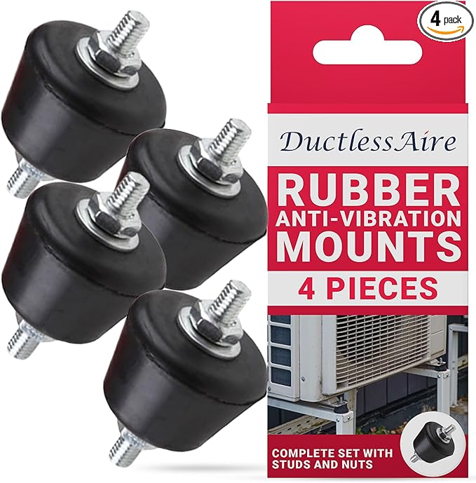 DuctlessAire - Rubber Anti Vibration Mounts w/Studs & Nuts - Vibration Isolators, Damping Stands - Ideal Shaking Isolator for HVAC Systems & Machines(Set of 4 Rubber Mounts, 8 Lock Nuts, 8 Washers)