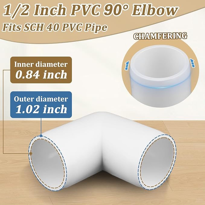 20-Pack 1/2" 90 Degree Elbow PVC Fittings, Furniture Grade Pipe Fittings 90 Degree Elbow for SCH40 PVC Pipe, UV Resistant, Pipe Connectors for All DIY Structure and Frames