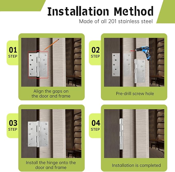 5" Ball Bearing Door Hinges 6 Pack, Heavy Duty Stainless Steel Hinge 5 x 4 Inch for Interior Exterior Doors, with Stainless Steel Screws, Silver