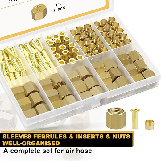 Siptenk 180PCS 1/4" Brass Compression Fittings Sleeves Ferrules Inserts Nuts Assortment Kit, Brass Ferrule Tubing Insert for Air Hose Lines