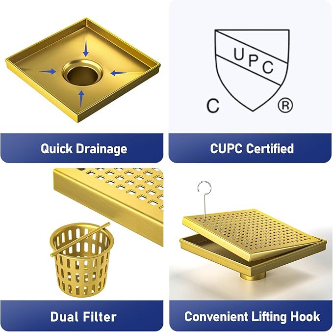 Square Shower Drain 8", 304 Stainless Steel Floor Drain with Grid Drain Cover & Hair Strainer, Shower Drain w/CUPC Certified, Brushed Gold