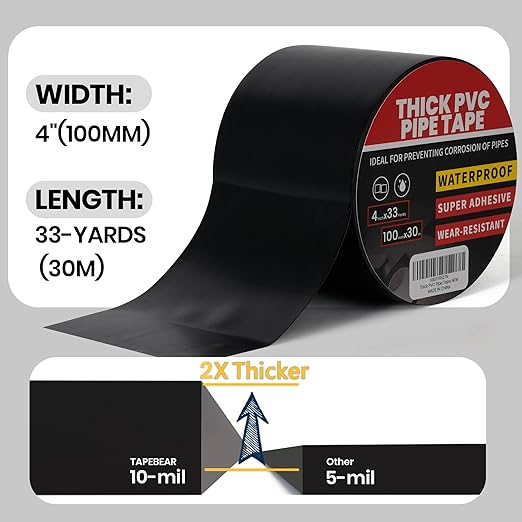 TAPEBEAR 12 Rolls Corrosion Protection Pipe Tape, 10mil Pipe Wrap Tape for Drain Pipe, Metal Electrical Outdoor Underground Pipe, Waterproof PVC Black Tape Thicker for Hose Leak Proof, 4Inch x 33Yard