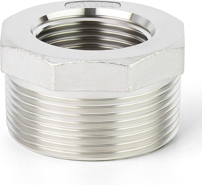 TAISHER 2PCS 304 Stainless Steel Reducer Hex Bushing, 2" NPT Male x 1" NPT Female, Reducing Pipe Adapter Fitting