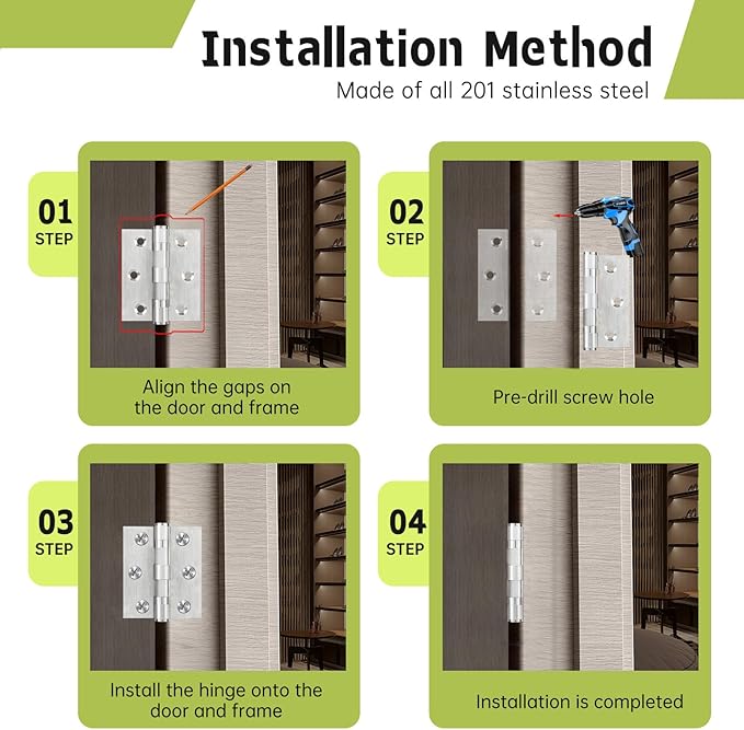 3Pcs Stainless Steel Door Hinges 3 Inch, Heavy Duty Ball Bearing Hinges for Interior Exterior Doors, Square Corner, Max Loading 100LB, Smooth and Quiet, Silver