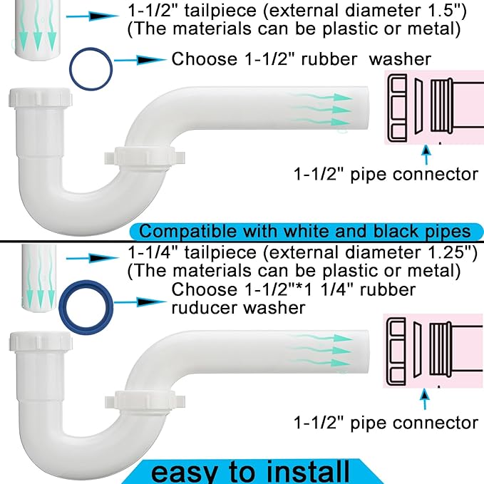 (1 Pack) Yariwiz White P Trap 1 1/2 Inch for Bathroom Kitchen Sink Drain Pipe Tubular Kit with Blue TPE Washer KSD-002W