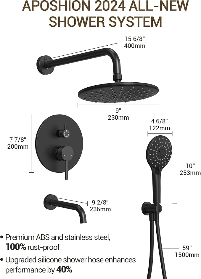 Upgraded Shower Faucet Set with Tub Spout: Aposhion 9 Inch Round Rainfall Shower System Rough-in Pressure-balanced Valve with Handheld Sprayer, Wall Mounted Bathtub Shower Faucet Kit Complete