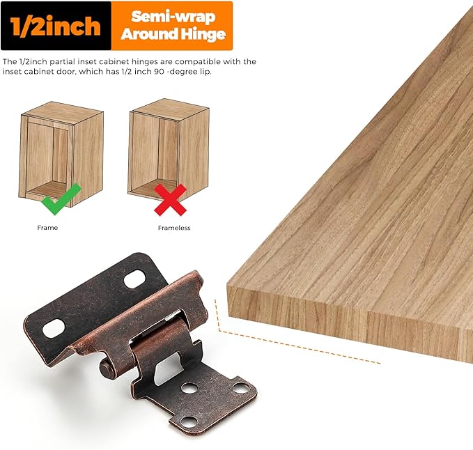Ravinte 10 Pack 5 Pairs Semi-Overlay 1/2 inch Self-Closing Face Frame Cabinet Hinges Antique Brass Half Wrap-Around Kitchen Cabinet Door Hinges Face Mount Cabinet Hardware