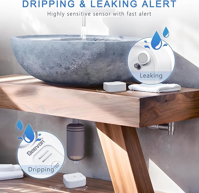 Geevon 4 Pack Water Leak Detectors for Home, 100dB Water Sensor Alarm Flood Leakage Detection Devices for Bathroom, Basements, Laundry Rooms, Kitchen, IP56 Waterproof(Battery＆Screwdriver Included)