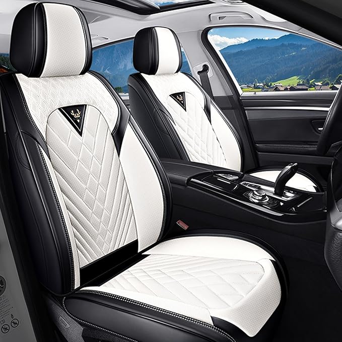 Car Seat Covers for Jaguar E-PACE 2018-2024,Breathable Nappa Leather Car Seat Protector,Front Seat Covers Automotive Seat Cushion with Airbag Compatible(Front Seats,Black-White)