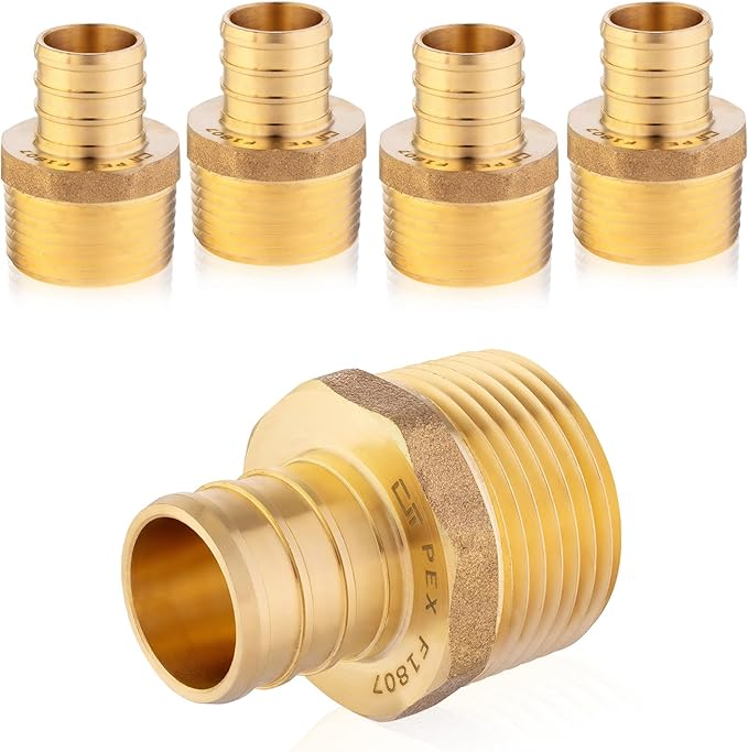 5-Pack HeSun PEX Fittings, 1" PEX x 1" Male NPT, Brass Crimp Male Adapter Fitting for ASTM F1807(PEX1807278-5)