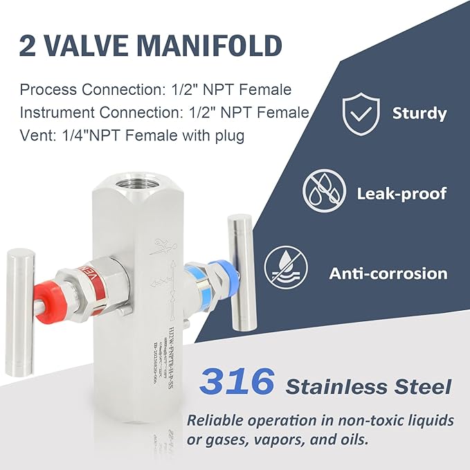 2 Valve Manifold 316 Stainless Steel 2 Way High Pressure Manifold Gas Distributor for Pressure Gauges and Pressure Transmitters from Rosemount, Siemens, Honeywell, E+H.