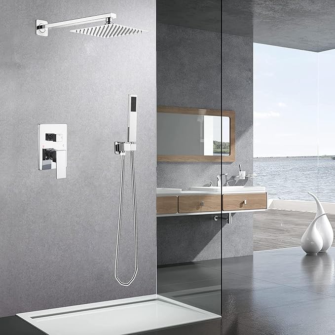 Shower System with High Pressure Rainfall Shower Head, Handheld Shower head and Shower Faucet Trim Kit, Rain Mixer Shower Set Wall Mounted Chrome（Valve Include）