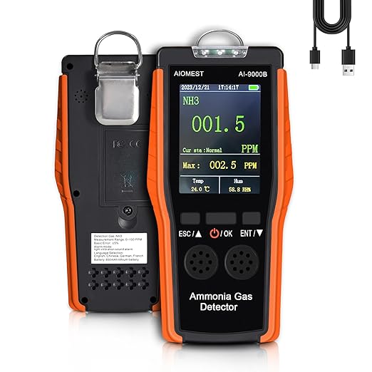 Ammonia NH3 Gas Detector Handheld Ammonia Sensor, AIOMEST Medidor Amoniaco Meter AI-9000B Monitor NH3 Air Level 100PPM w/Data Logging & Alert, Temperature Humidity for Horse Stall Poultry Farm