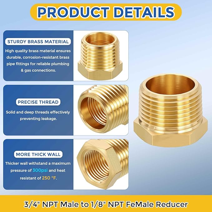 5 Pack Brass Pipe Fittings, 3/4" NPT Male to 1/8" NPT FeMale Brass Hex Bushing Reducer, Hose Tube Threaded Adapter for Air, Oil, LP