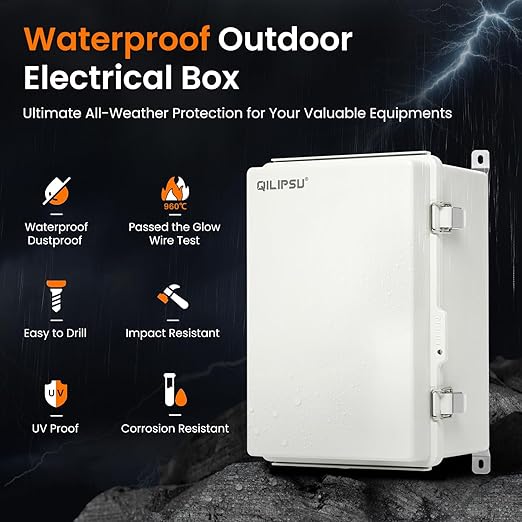 QILIPSU UL94-V0 Outdoor Electrical Box 11.8"x7.9"x6.7" Waterproof Junction Box Weatherproof PC/ABS Alloy Plastic IP66 Project Electric Enclosure Grey Hinged Door