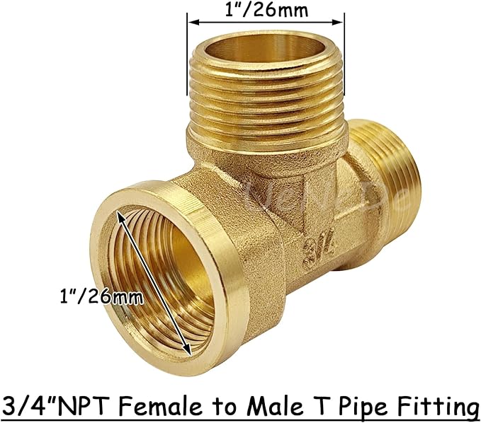 2PCS Brass 3/4 Inch NPT Tee Pipe Fitting 3/4" NPT Female x Male x Male for Water/Oil/Gas