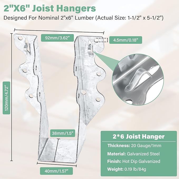 50 PCS 2"x6"Joist Hanger,20 Gauge Double Shear Face Mount Rafter Hanger for Deck Brackets,Rafter Brackets,Hurricane Ties for rafters