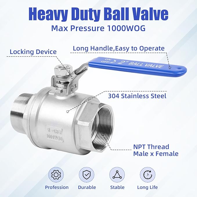 YADIAN 2 Pack 2 Inch Male x Female NPT Ball Valve 304 Stainless Steel Full Port Heavy Duty Shut Off Valve with Blue Vinyl Insulation Handle and Locking Device for Water, Oil, and Gas, 1000WOG