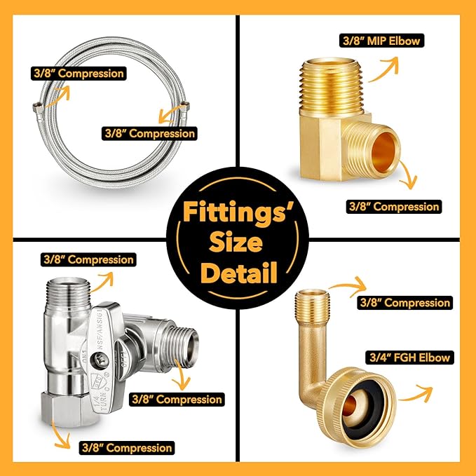 Dishwasher Hose Installation Kit - Includes Water Supply Line, 3/8" Compression Water Splitter, 3/4" FHT Elbow, and 3/8" MIP Elbow (6 FT)