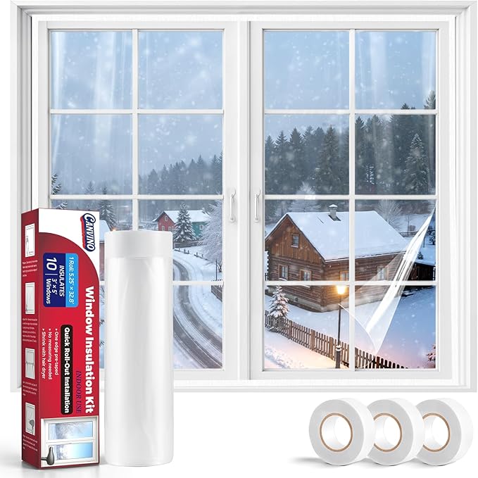 Window Insulation Kit – 63" x 394" Rolled Shrink Film with Double-Sided Tape for Up to 10 3' x 5' Windows, Window Plastic for Winterizing, Easy to Install & Energy Saving