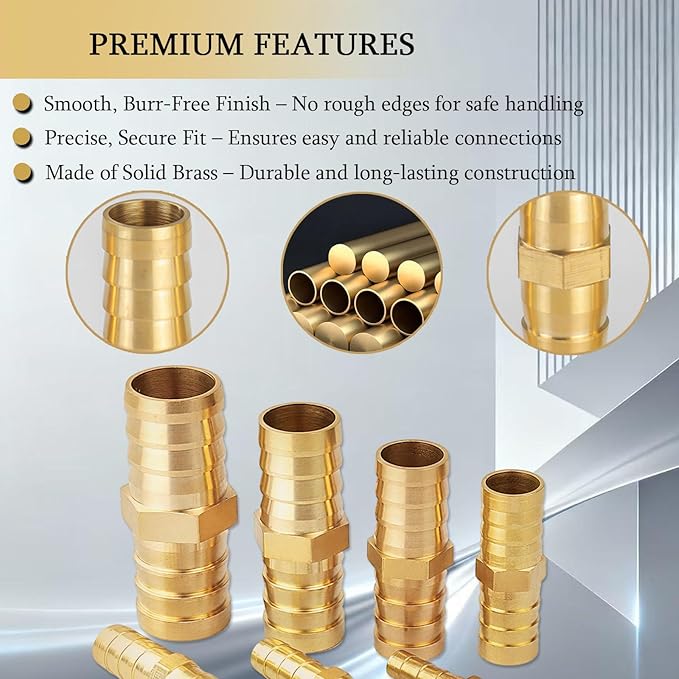 30PCS Brass Hose Barb Fittings, Barb Fitting Metals Splicer Mender, Barbs Splicer Mender Hose Fittings with 60Pcs Stainless Steel Pipe Hose Clamps for Air/Fuel/Water/Oil Hose