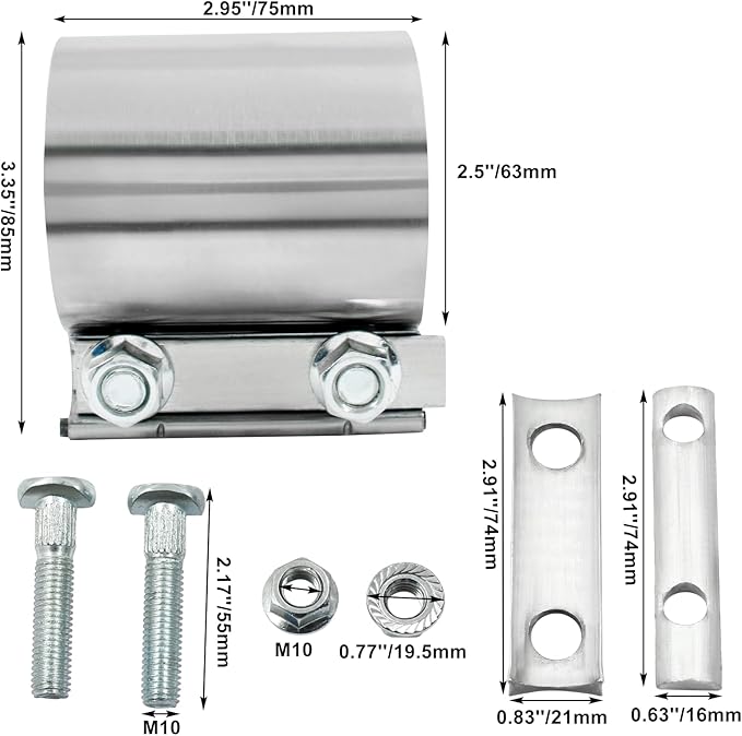 2.5'' Heavy Duty 304 Stainless Steel Lap Joint Exhaust Pipe Seal Band Clamp, Repair Clamp Sleeve Coupler for Emergency Pipe Repair, Pack of 1