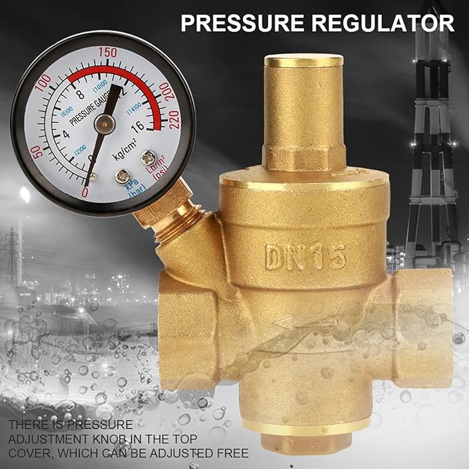 Water Pressure Regulator Valve, DN15 Brass RV Adjustable Water Pressure Reducer With Meter for RV Travel Trailer