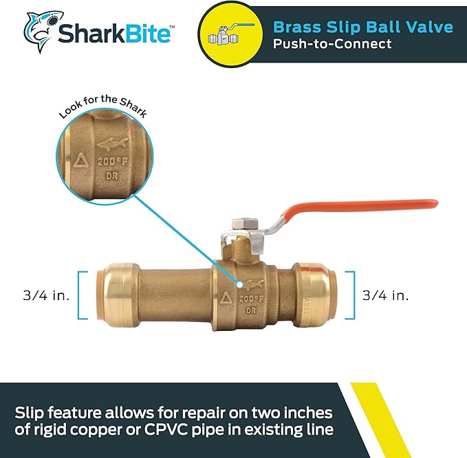 SharkBite 3/4 Inch Slip Ball Valve, Push to Connect Brass Plumbing Fitting, PEX Pipe, Copper, CPVC, PE-RT, HDPE, 24736LF