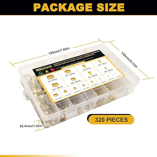 Siptenk 320PCS Brass Compression Sleeves Ferrules Inserts Fittings Assortment Kit for Tube OD 3/4" 5/8" 1/2" 3/8" 5/16" 1/4" 3/16" 1/8", 8 Sizes Air Brake Fittings for Air Water Fuel Oil
