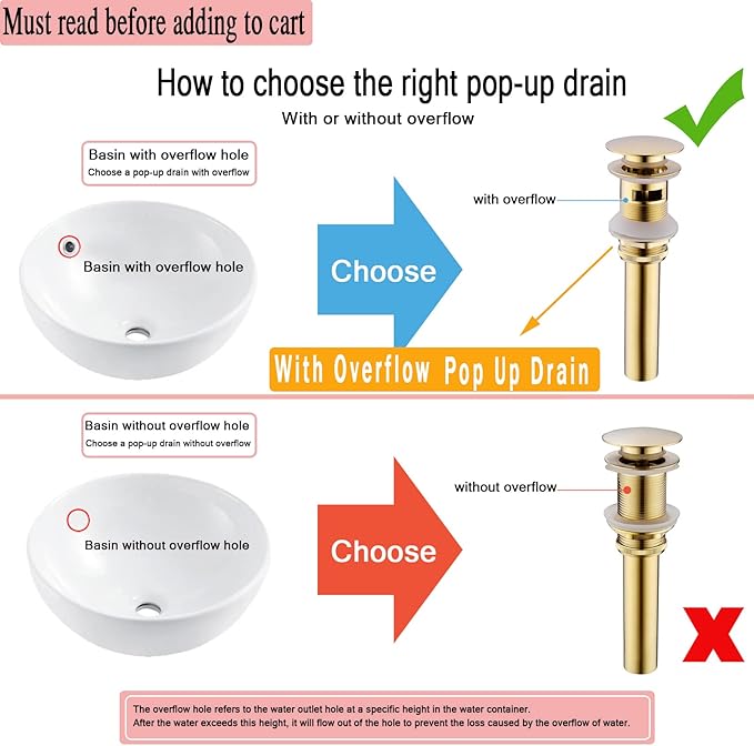 Bathroom Pop Up Drain with Overflow, Bathroom Sink Push Pop Up Assembly Vessel Sink Drain with Overflow. (Brushed Gold)