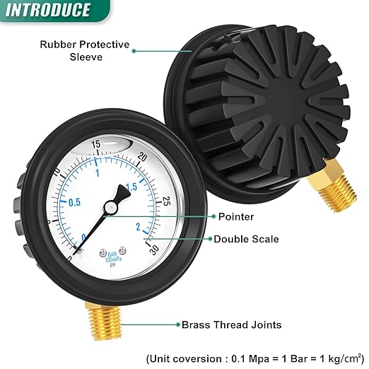 0-30PSI Stainless Steel Liquid Filled Pressure Gauge, 2.5" Dial Size, 1/4" NPT Lower Mount, with Rubber Protective Sleeve, for Tube, Water Pump, Gas, Liquid, Pressure Test