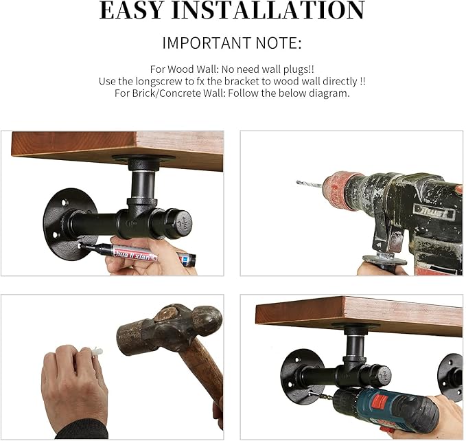 Pipe Shelf Bracket 7.8 inch Industrial DIY L Pipe Wall Bracket for 7 inch -14 inch Wood Floating Shelf Vintage Look Rustic Home Pipe Decor 6 Packs, Included Accessories