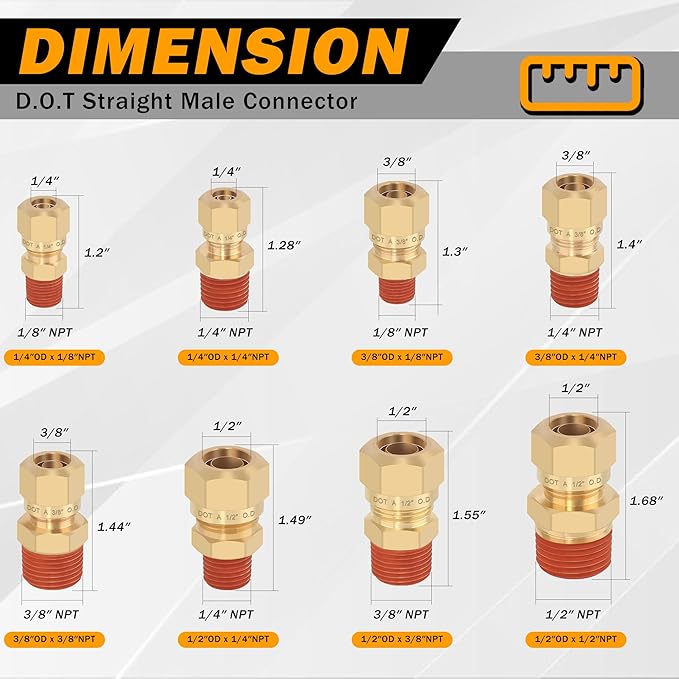 5PCS Air Brake Nylon Tubing Brass Union Straight Joint DOT Approved 3/8" Tube OD x 1/8" NPT Thread Air Line Adapter Air Suspension Kit for Truck Trailers and Air Brake System