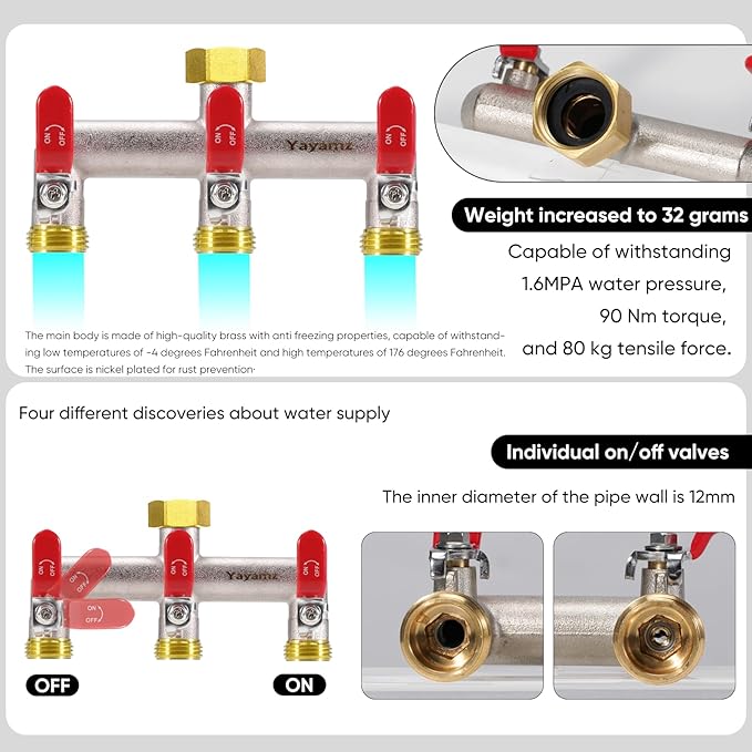 3 Way Garden Hose Splitter, Heavy Duty Brass Nickel Plated Rust Resistant Faucet Manifold, 3/4" Frost Resistant Outdoor Hose Adapter Connector，Hose Spigot Adapter with 3 large red handles