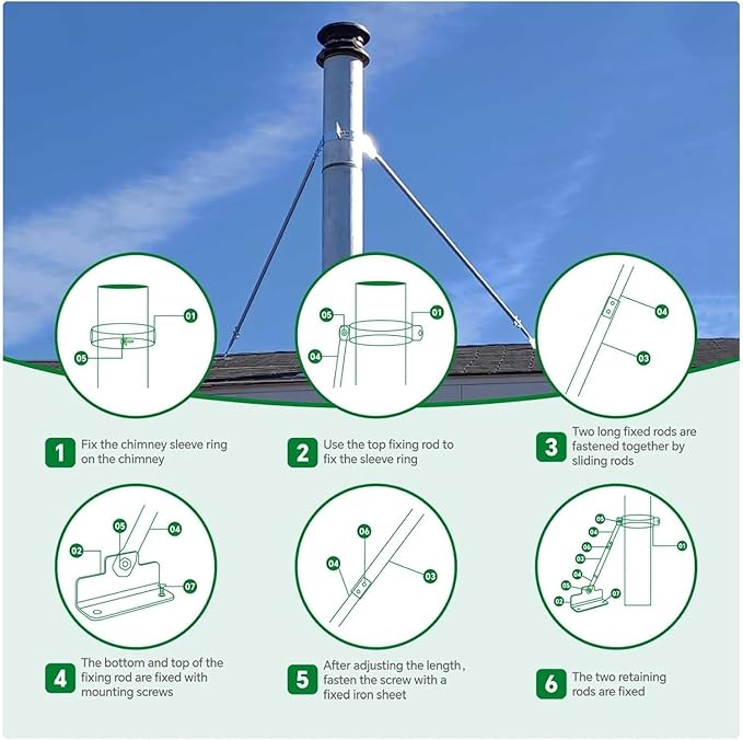 Stainless Steel Extended Roof Chimney Support Kit, 6-14" Adjustable Extended Roof Brace, Chimney Stove Pipe Support Provide Stability Against Wind and Snow(6-14")