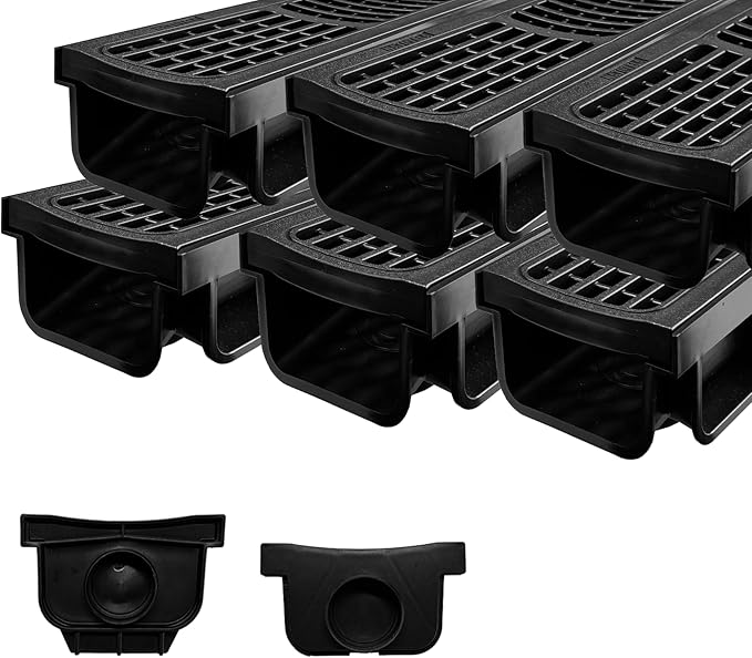 B Class Driveway Channel Drain with HDPE Grate-19.7Lx5.5Wx3.9H in. Shallow Profile Trench Drain System,6 Pack Total Length 118.2in,Heavy Duty Trench Drain for Garage,Parking Lot,Concrete