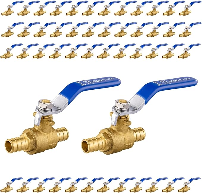 50-Pack Foskan 1/2 Inch PEX Crimp Full Port Ball Valve with Blue Handle, Brass Quarter Turn Shut-off Valve for PEX Tubing