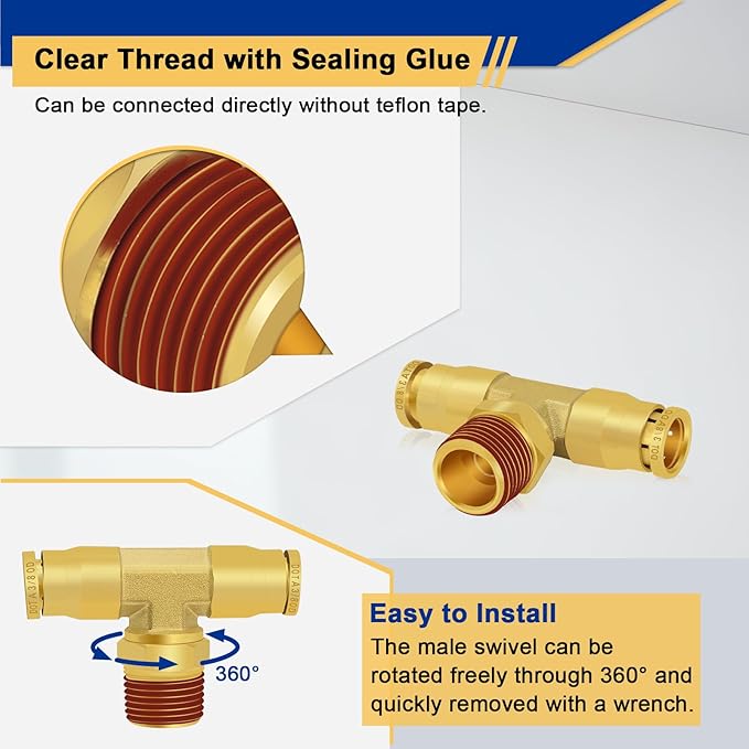 3/8" DOT Air Brake Fittings Tee, 3PCS Brass Push to Connect Fittings 3/8" Tube OD × 3/8" NPT × 3/8" Tube OD Tee Union to Male Pipe Swivel for Truck Trailers Air Brake System