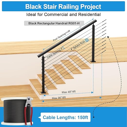 36" Stair Railing Post Kits(Post 35"x2"x2"), Adjustable Top Stair Cable Post System Includes 2Pack Stair Posts, 150FT Wire Rope, Black Swageless Cable Railing System Kit(No Handrail), RG32