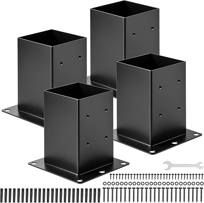 VEVOR 6x6 Post Base 4 Pcs, Inner Size 5.6x5.6 inch / 142x142 mm Post Brackets, Heavy Duty Carbon Steel Decking Posts, Wood Posts Brackets for Pavilion Deck Railing Support Deck Base Plate, Black