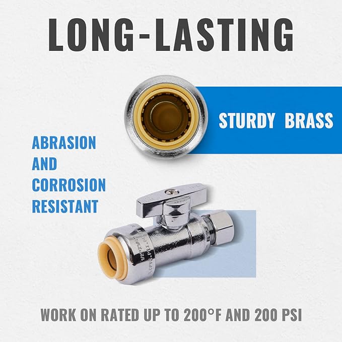 Straight Stop Valve, SUNGATOR Straight Water Shut Off Valve 1/2 x 3/8 Inch Compression, Toilet Water Shutoff, 1/4 Turn, No Lead Brass Push to Connect Plumbing Fitting, PEX Pipe,Copper,CPVC, Pack of 1