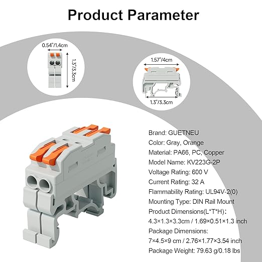 5Pcs DIN Terminal Blocks, 2 Conductor Compact Wire Conductor Splicing Connectors, KV223 Lever Wire Connectors for AWG 28-12, 600V 32A